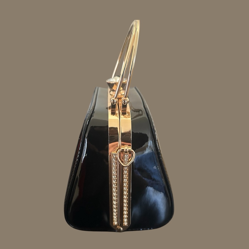 Black Patent Top-Handle Evening Bag with Gold Hardware - Picture 2 of 7